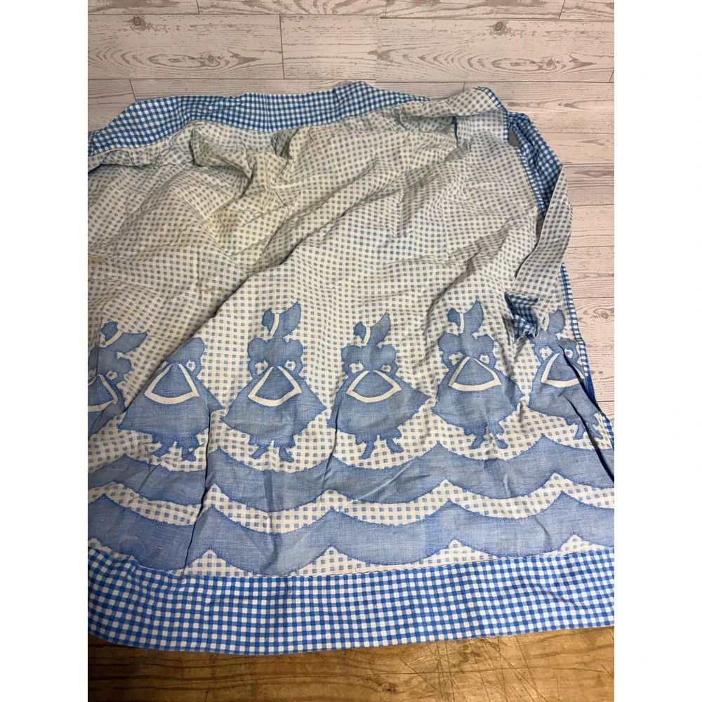 Vintage Blue Gingham Half Apron Dutch Girl Sunbonnet Scalloped Print Grannycore